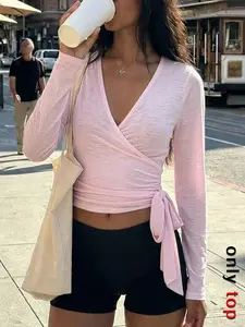 Women's Pink Wrap Long Sleeve Crop Top, V-Neck Tie Waist Top for Casual Street Style & Daily Outings