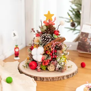 Fall Vintage Artificial Christmas Tree Ornament, Artificial Flowers with Wooden Base, Christmas Decor, Fake Plants, Home Room Office Decor, for Holiday Autumn Thanksgiving Christmas Party Decor, Coffee Shop Atmosphere Decor, Does not include light strings