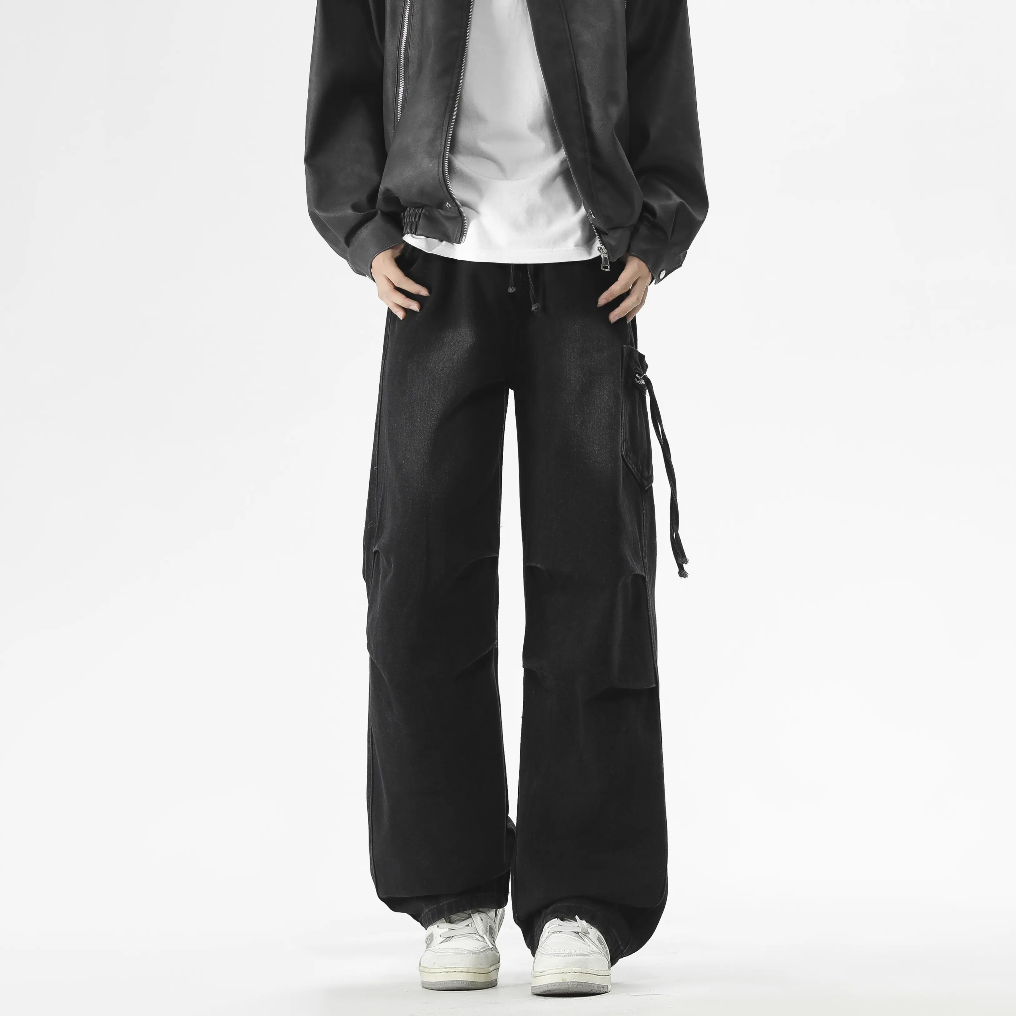 Unisex "7M Nights" Oversized Cargo Denim Pants, Waist Cincher, 3D Ruched Knees, Vintage Washed Wide-Leg, Street , Side Pockets, Tie Details, Adjustable Waist jeans men y2k retro