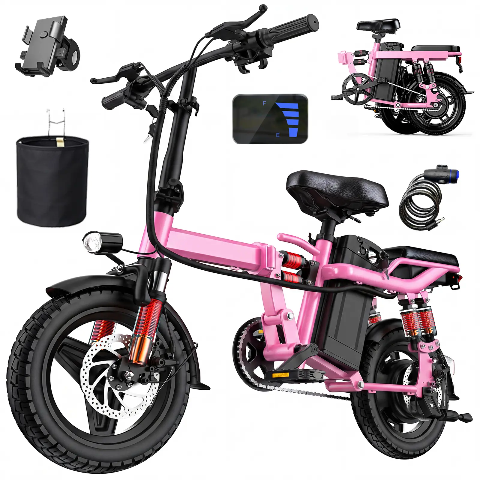 Terrosor  750W Adult Electric Folding  Ebike - 8-Level Shock Absorption, 48V 12Ah Battery,24MPH, 20-mi Range, 14" Fat Tires, Dual Suspension for Road & Mountain Riding e-bike   e bike girl