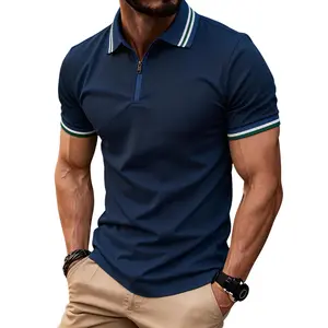 Mens Zip Polo Shirt, Slim Fit Quick Dry Short Sleeve Mensfashion Business Casual Top with Contrast Collar, Summer Golf Shirt