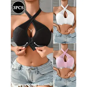 3pcs Sexy Cross Halter Neck Plunge Bra with Front Closure And Mesh Detailing - Wireless, Black, White, BrownFashionable Undergarment for Women, Comfortable Bra | Minimalist Style | Wireless Bra
