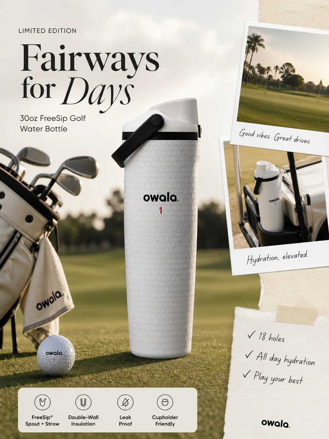 OWALA WATER WHITE GOLF 30 oz FREESIP SWAY