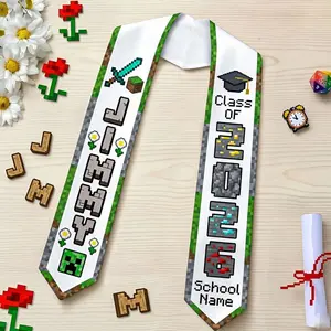 Personalized Pixel Block Style Graduation Stole Class of 2026, Custom Name Pixel Block Sash, Gamer Grad Gift, Kids Graduation Sash Stole