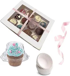 Pack of 10 White Cupcake Boxes with 5 Pcs Cupcake Containers 12 Pcs Cake Tray & Pastries Boxes with Ribbons and 120 Pcs Cupcake Liners for Valentine, Birthday, and Parties