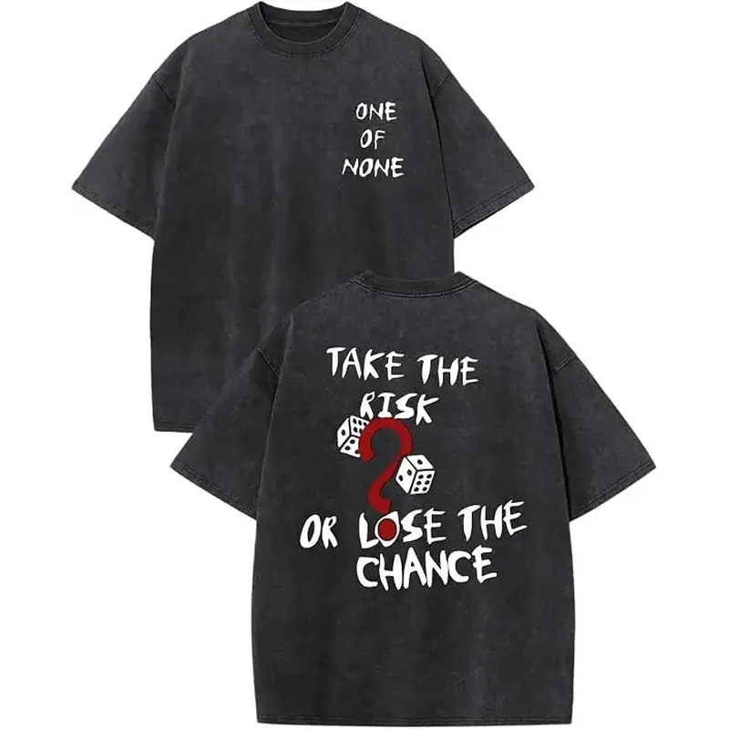 Men's Baggy Vintage Washed Brown Short-Sleeve Double-Sided Print T-Shirt - "Take The Risk Or Lose The Chance" Dice & Question Mark Design, Cargo Pants Matching Top