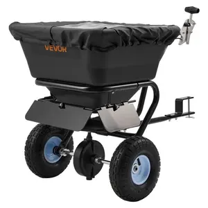 VEVOR Tow-Behind Spreader, 9.8 ft Spreading Width, Broadcast Spreader with 10 All-Terrain Tires, 85 lbs Capacity Hopper, Adjustable Flow Control, Lawn Spreaders for Seed Fertilizer Ice MeltVEVOR Super Brand Day