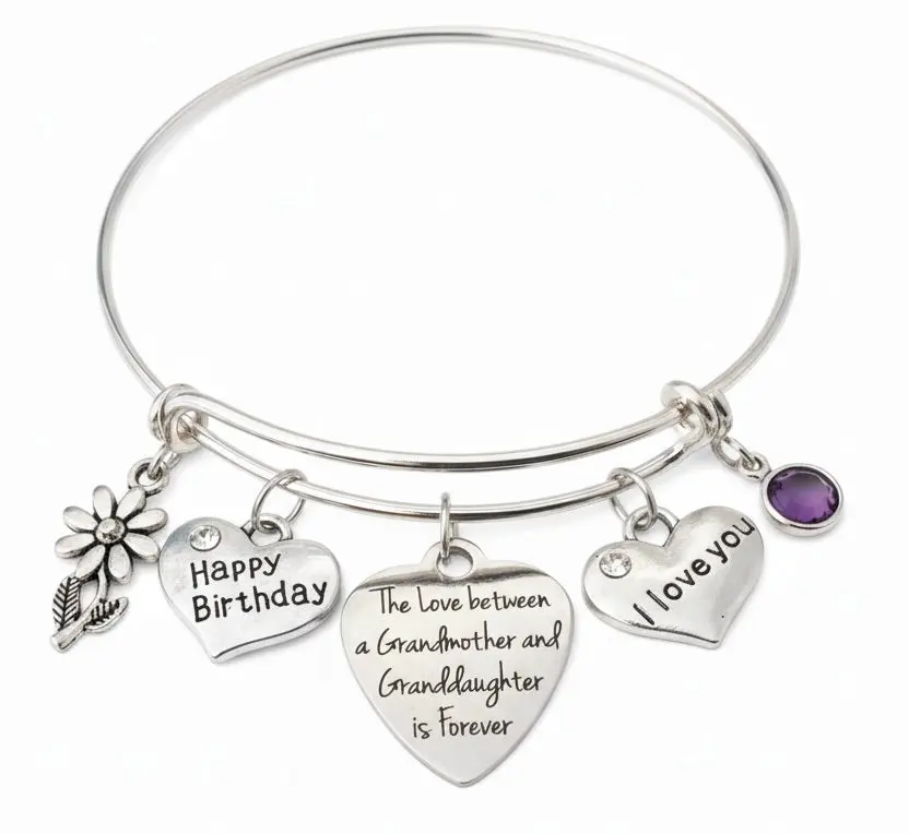 Granddaughter Grandmother Birthstone Charm Bracelet | Personalized Birthday Gift | Adjustable Silver Bangle | I Love You Gift