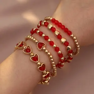 5pcs Boho-Elegant Women'S Bracelet Set, Beaded Red Heart Charm Stackable Bangle, Versatile Daily & Party Accessory, for Valentine'S Day & New Year'S Gift for Her