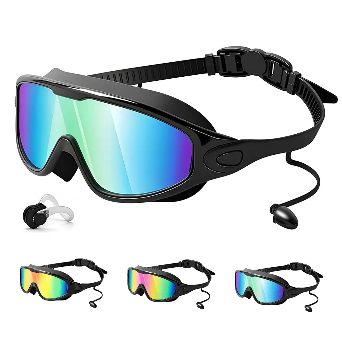 summervibes Swim Goggles for Adults Anti-Fog Full-Coverage, Waterproof Earplugs & Nose Clip Anti-Fog Full-Coverage 180 ° Wide View Swim Goggles, Bright Multicolor UV Lens, Fit Outdoorfun Swimming Summer Activities summervibes