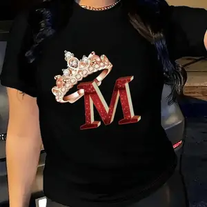 Women S Red Graphic Print T Shirt Featuring M Letter Crown and Diamond Details Casual Round Neck Top for Spring and Fall Soft Polyester Fabric Machine Washable Seasonal Fashion Vibrant Casualwear with Studded Accents
