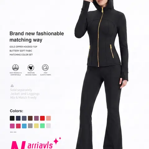 Uncia Active Women's All-Seasons High-Stretch Hooded Jacket & Flare Leggingst- Long Sleeve, Gold-Color Zipper, Buttery Soft, Moisture-Wick Slim-Fit Athletic Gym Activewear for Jogging, Pilates