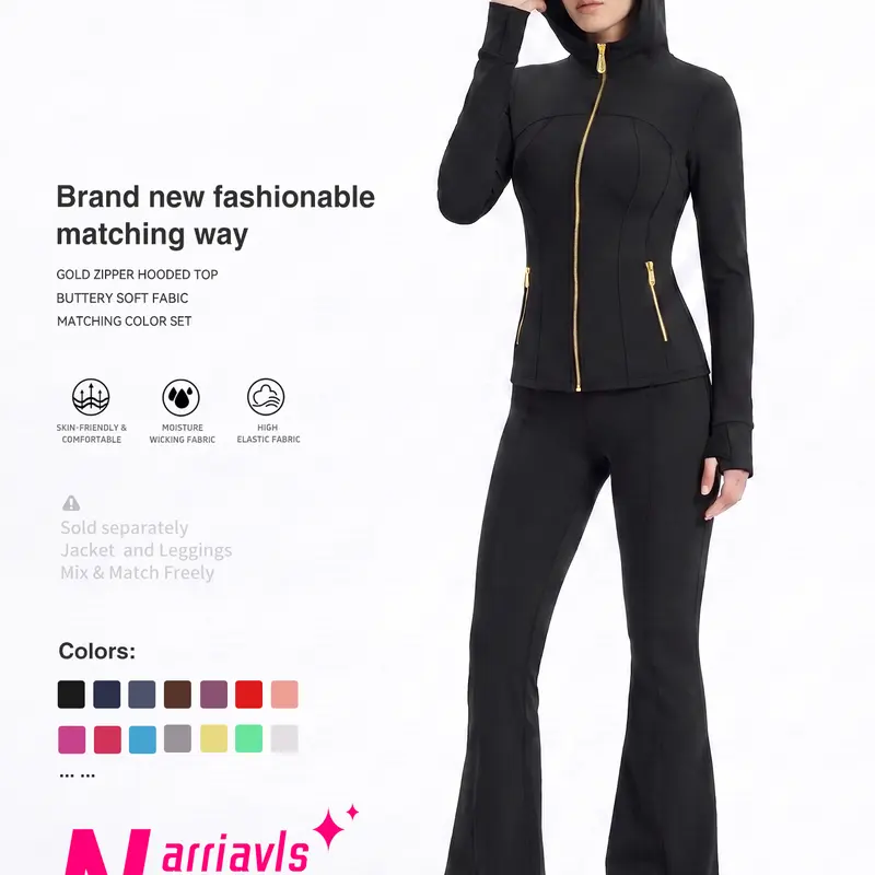 Uncia Active Women's All-Seasons High-Stretch Hooded Jacket & Flare Leggingst- Long Sleeve, Gold-Color Zipper, Buttery Soft, Moisture-Wick Slim-Fit Athletic Gym Activewear for Jogging, Pilates