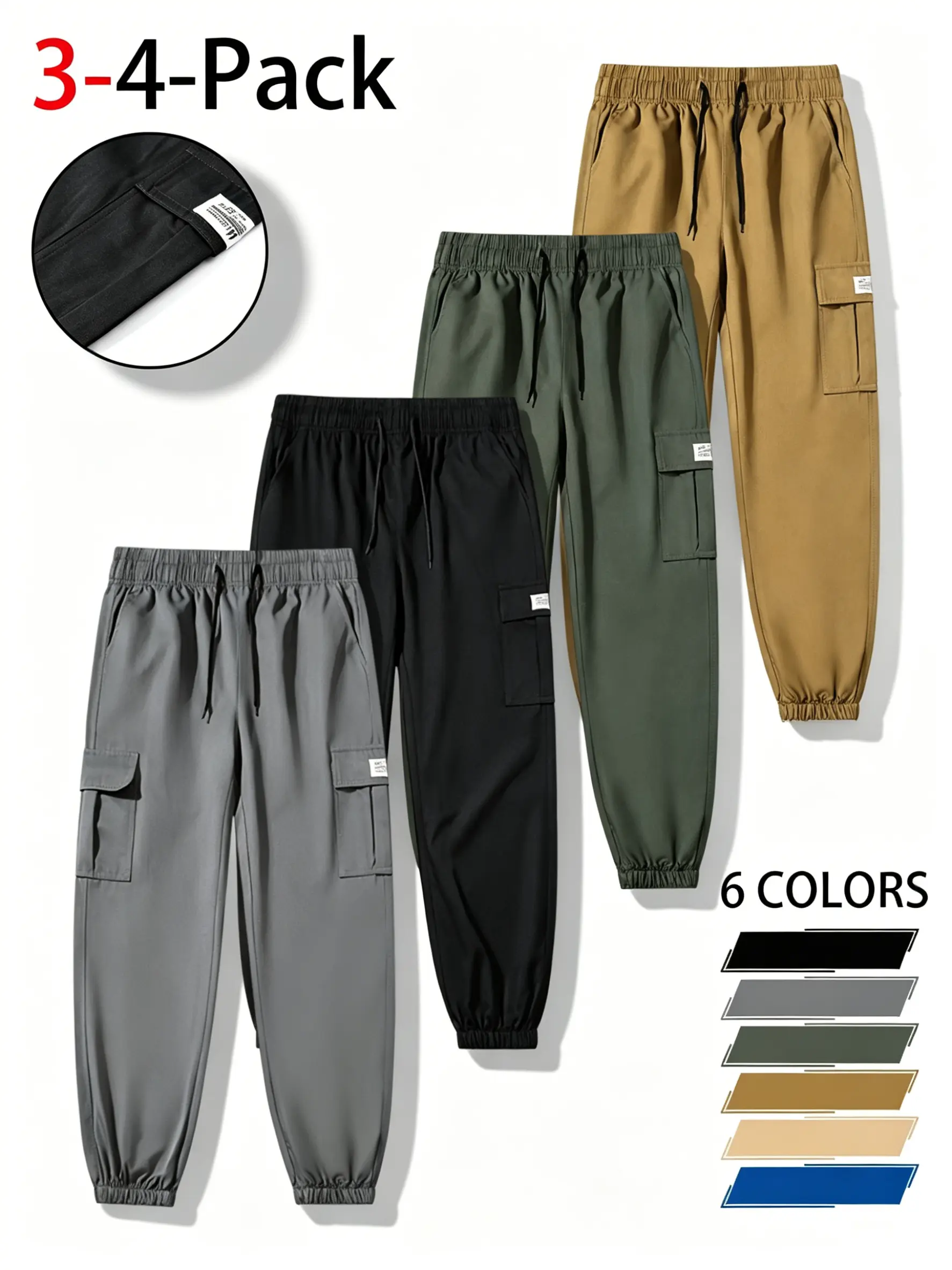 Durable Combat Apparel Men's Cargo Jogger Pants 3-4 Pack, Elastic Waist Drawstring Work Pants, Utility Pocket Tactical Trousers for Outdoor Hiking, Travel, Streetwear, Casual Daily Wear, Lightweight All Season Fit Multi Pack Value Relaxed Fit Baggy Styles