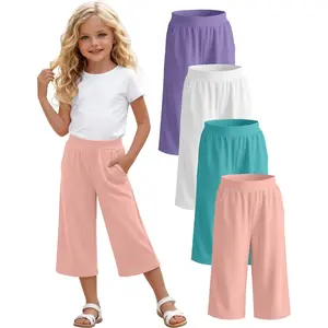 4 Pack Girls' Capri Pants Wide Legs Capris with Pockets Elastic Waist Workout Yoga Pants Loose Sweatpants for Kids
