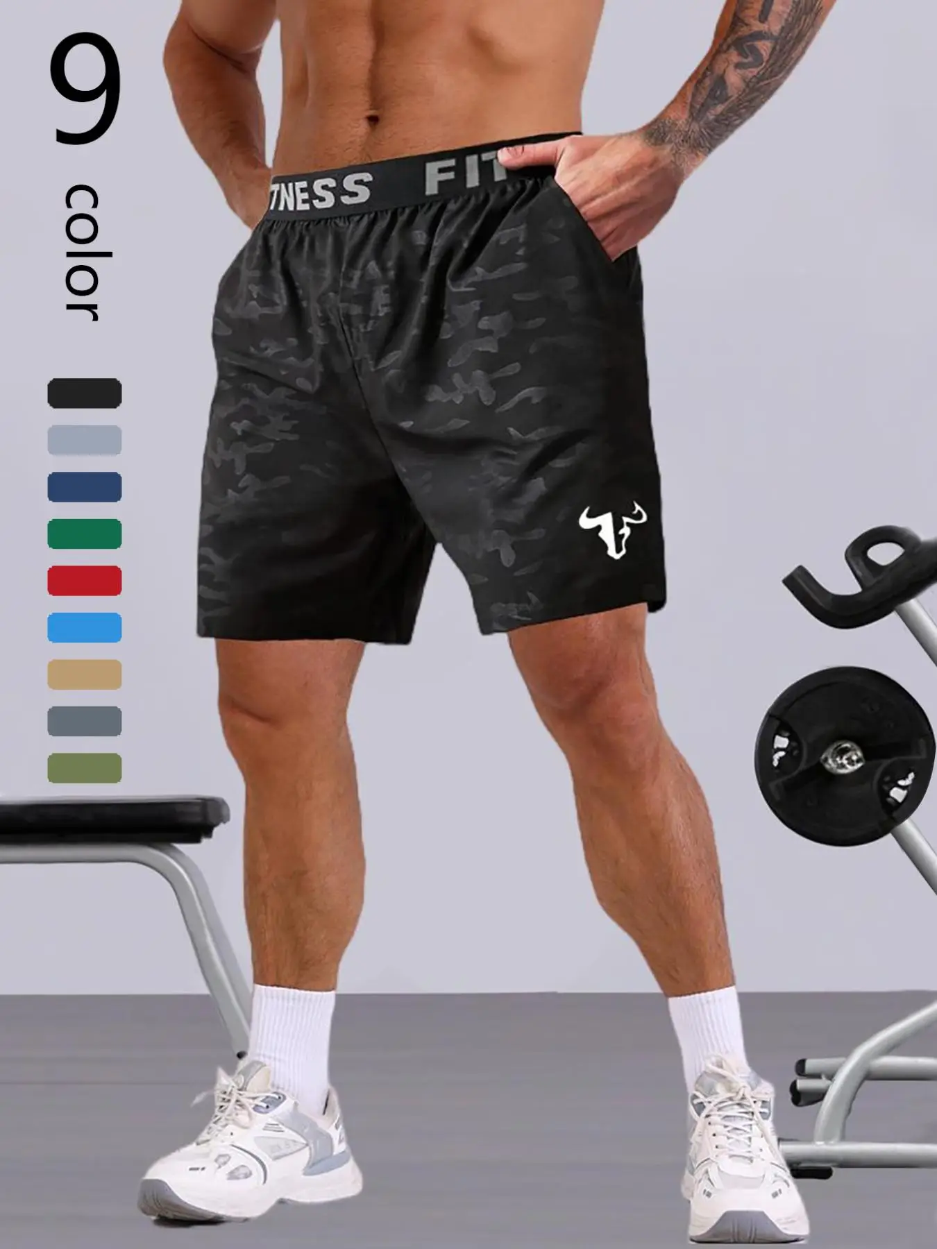 Men's Bull Head Print Letter Tape Sports Shorts, Casual Pocket Sports Shorts for Summer, Men Sport & Outdoor Clothing