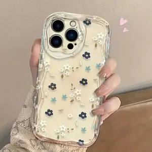Cute Mixed Floral Cream Wavy Edge Phone Case for iPhone 17 16 15 14 12 11 13 Pro Max Plus Pro Air Shockproof Camera Protection TPU Soft Cover Flower Durable Protective Casing Clear Print