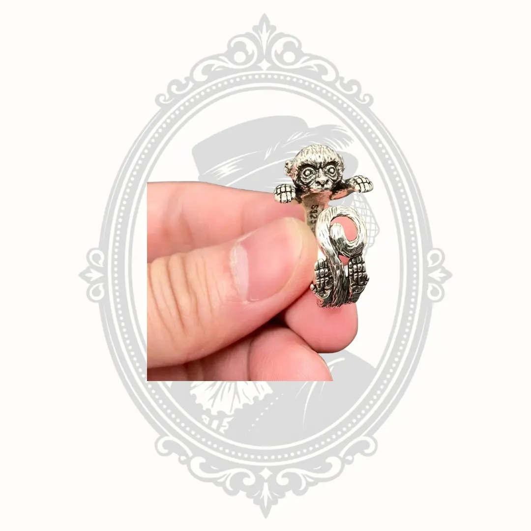 Peekaboo Monkey Adjustable Ring – Silver Tone Animal Wrap Ring