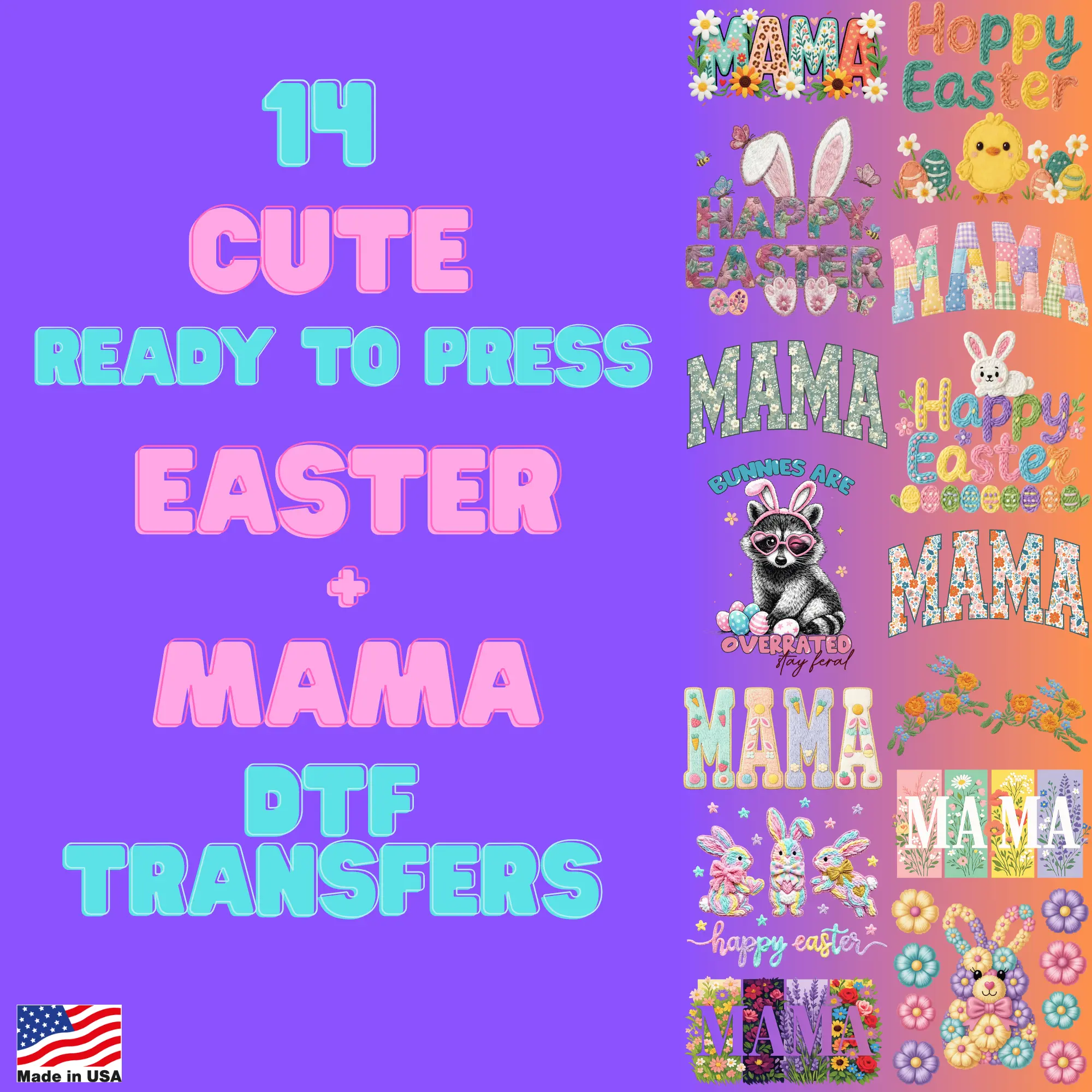 Easter Mama DTF Gang Sheet 22.5x60 Ready to Press 14 Cute Transfers Trendy Spring Designs for T-Shirts Hoodies & More