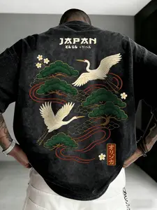 Unisex Washed Japanese Crane Embroidery Oversized Tee | Premium Cotton | Fabric | Breathable | Vintage Ukiyo-e Aesthetic Print | Y2K Streetwear | Menswear | Relaxed Fit Casual Top | Summer Urban Daily Wear | Gen Z Trendy Basics