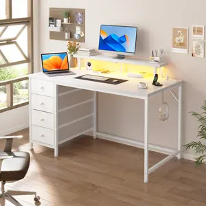【Vanity & Office Desk】Raybee 47" 4 Drawers L-Shaped Gaming Desk Born for Dorm & Apartments,Sturdy Computer Desktop with Power Outlets & USB,Corner Table with Monitor Stand,Side Hook for Home Office Use,Study desk for teenagers,47''D×20‘’W×33‘’H