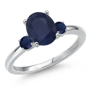 Gem Stone King 2.50 Cttw 14K White Gold Blue Sapphire 3-Stone Engagement Ring For Women | Oval 9X7MM and Round 3MM | Gemstone Birthstone | Three Stone Wedding Engagement Anniversary Ring