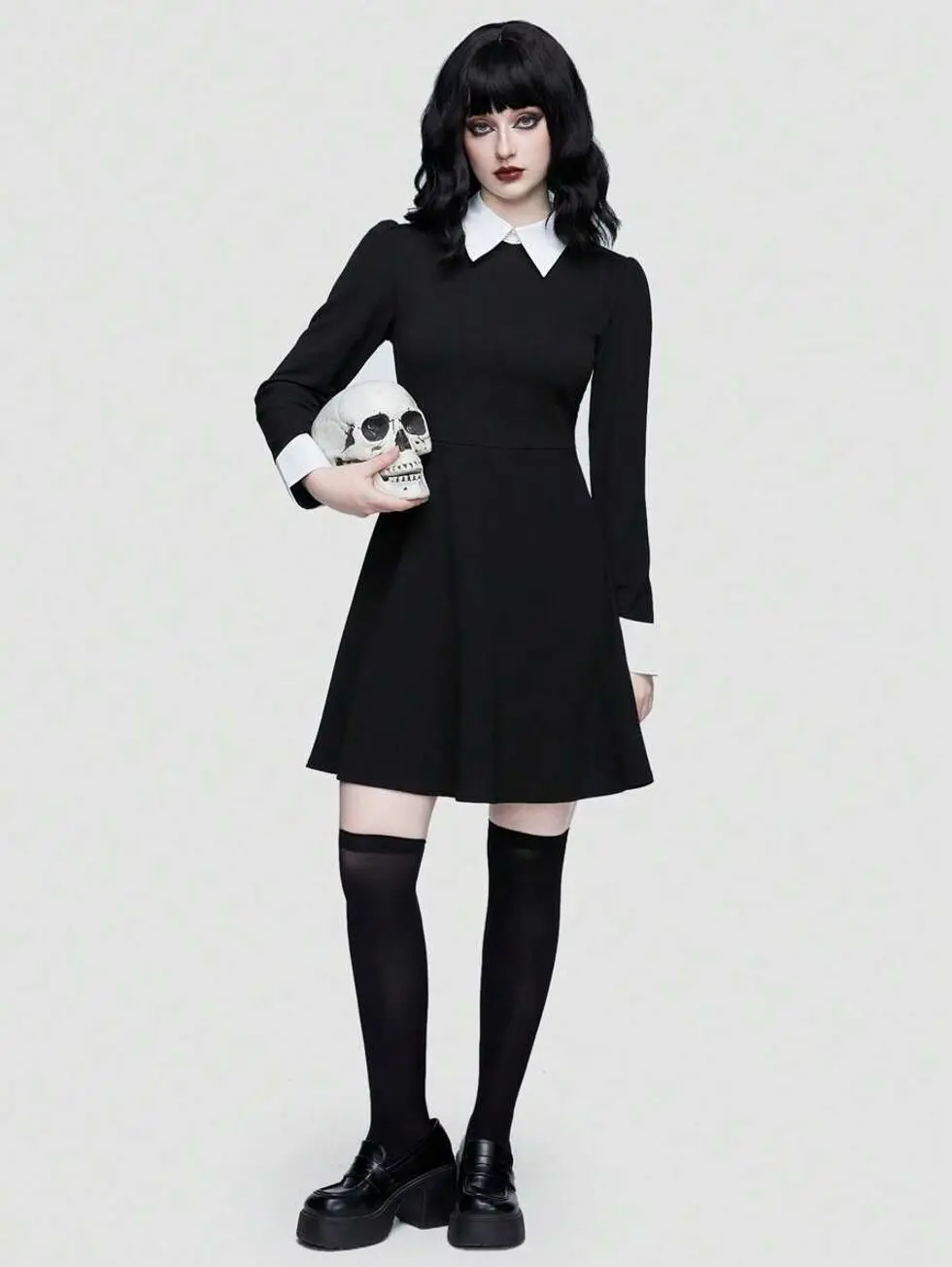 Women's Gothic Polka Dot Dress, Wednesday-Inspired Black & White Costume Dress, Vintage A-Line Halloween Party Outfit for Cosplay, Dress-Up, Masquerade, Themed Events & Fall Fashion