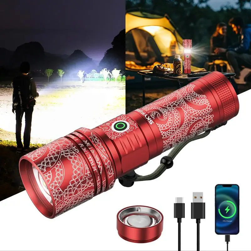 SKYFIRE High Lumens Rechargeable Flashlight with Ignition Lens, LED Super Bright Zoomable Powerful Flashlight, 5-Mode Waterproof Handheld Flashlight with Camping Lamp Mode for Emergency Scenarios