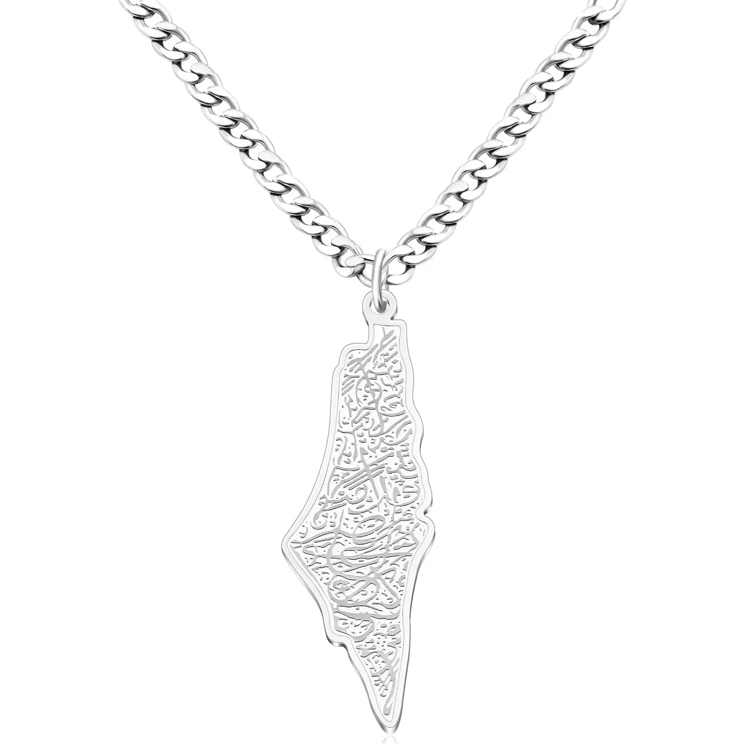 Palestine Map Pendant Necklace in Durable Stainless Steel, Hypoallergenic Islamic Jewelry for Men and Women with Arabic Calligraphy
