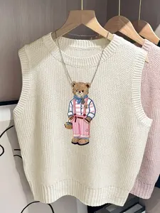 Women's Fashion Bear Print Sweater Vest, Casual Versatile Top, Fitted Plain Design, Fall & Winter Wear, Comfortable Daily