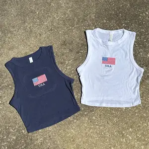 USA Embroidered Crop Tank Top – 4th of July Baby Tee, American Flag Patriotic Crop Top for Women, Cute Summer Y2K Outfit
