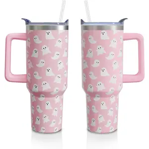 Halloween Ghosts 40 Oz Tumbler with Handle and Straw, Cute Spooky Stainless Steel Insulated Cup Water Bottle, Holiday Gifts for Women Girls (1PC)