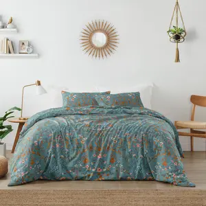 Sweet Jojo Designs Boho Wildflower Vintage Floral Girl Queen Duvet Cover Bedding Set Full Size Bed Comforter Case Shams 3pc Teal Turquoise Rust Orange Botanical Garden Bohemian Farmhouse Cottagecore