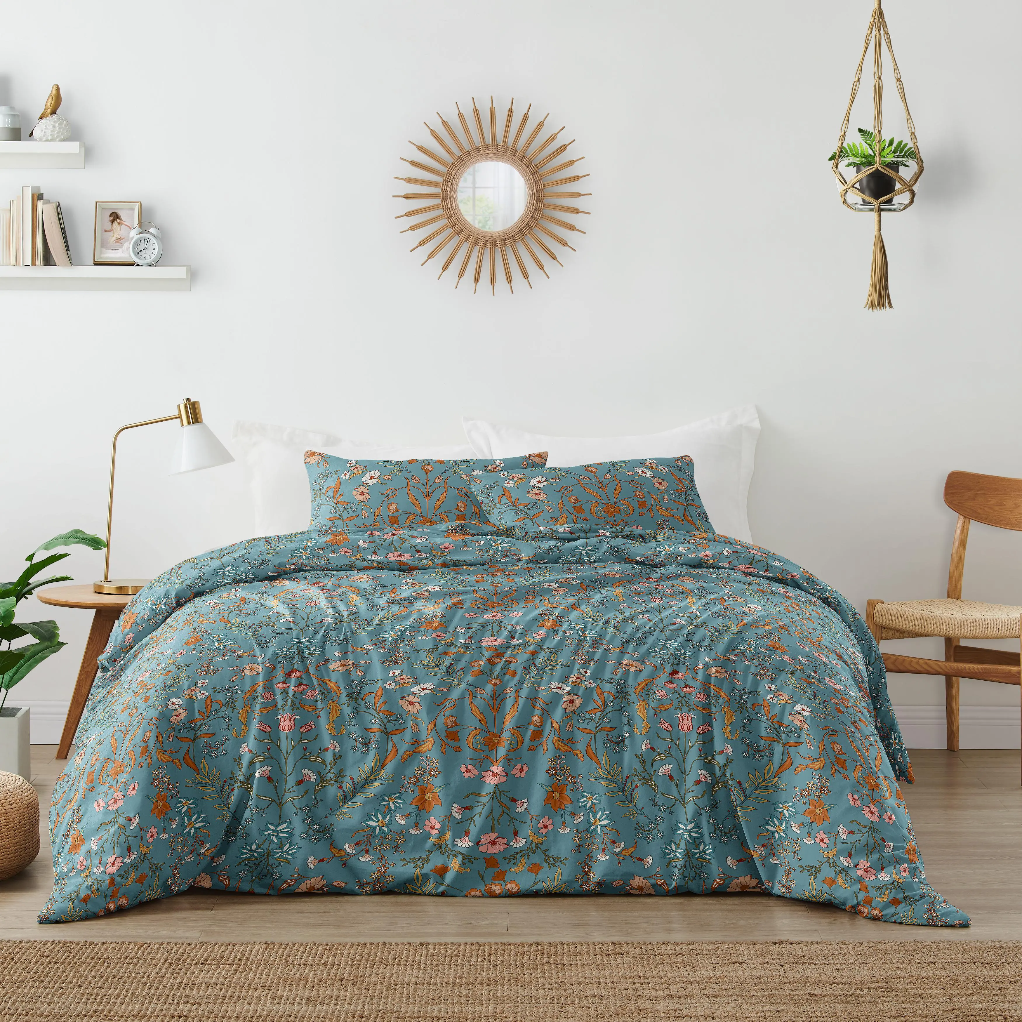 Sweet Jojo Designs Boho Wildflower Vintage Floral Girl Queen Duvet Cover Bedding Set Full Size Bed Comforter Case Shams 3pc Teal Turquoise Rust Orange Botanical Garden Bohemian Farmhouse Cottagecore