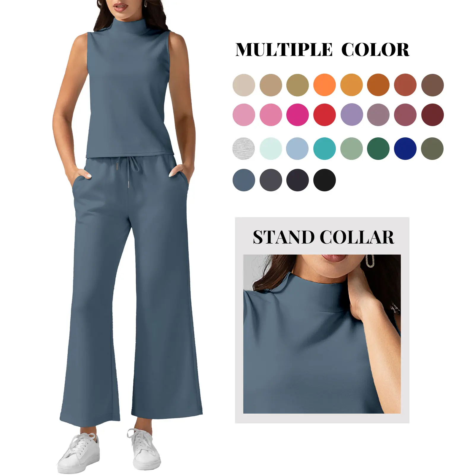 Women's Classy 2 Piece Lounge Set, Silky Light Athleisure Outfit, Mock Neck Tank Top and Cropped Wide Leg Pants with Relaxed Fit for Outdoor Travel, Lady, Basic, Clothes, Casual, 2 Piece Sets, Chic, Lightweight, Dressy, Pockets, Aesthetics, Fabric, High N