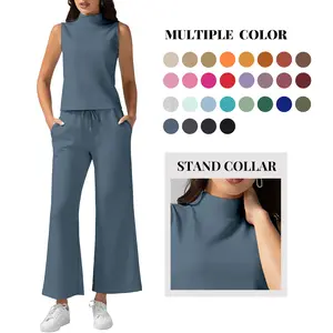 Casly Lamiit Women's Silky 2-Piece Basic Aesthetics Sports Loungewear Set - Women's Clothes, Mock Neck Sleeveless Fitted Tank Jacket, Cropped Wide Leg Pants, 2026 Classy Minimalist Casual Tracksuit, Light, Chic, Springfresh, Summervibes Outdoor Fun