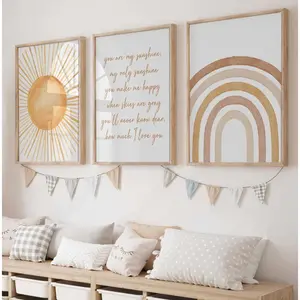 Boho Nursery Wall Art, Printable You are my Sunshine Quote Poster, Sun Set of 3 Nursery Prints, Neutral Baby Room Decor, Rainbow Art