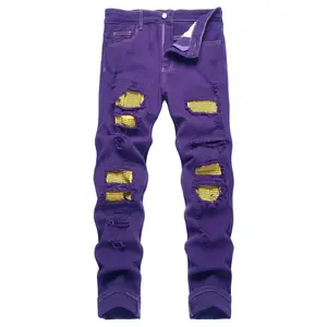 Men's Purple Hot Sale Beaded Slim Fit Jeans Purple and Yellow Tribute to Mamba Men's Ripped Slim Fit Jeans Fashion Business Negotiation Vacation Party Outdoor Travel Straight Pants Comfortable Waist Pants Easy to Match with Tops Menswear Casual cargo men