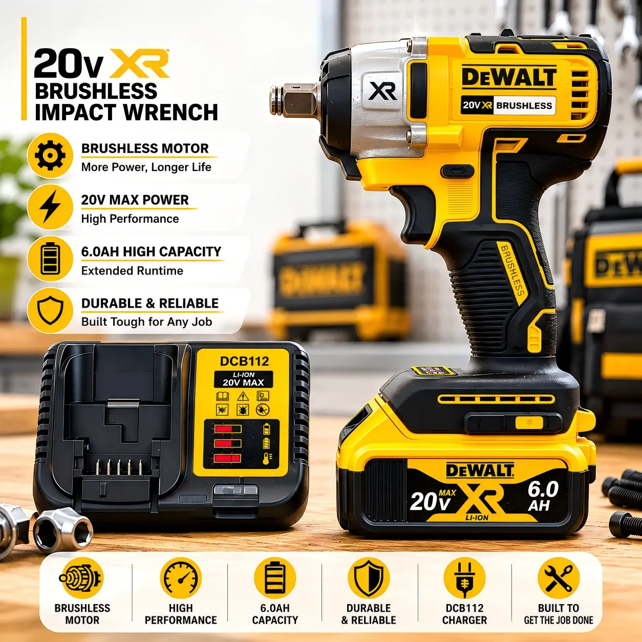 Dewalt DCF880 Brushless Impact Wrench - 20V Lithium-Ion Rechargeable, 3300RPM High Torque Cordless Tool with Batteries & Work Light for Tire Repair, DIY Enthusiasts