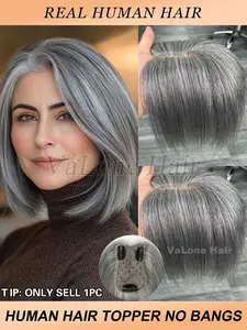 White mix grey A01# Hair Toppers For Women No Bangs Real Human Hair, 360° Hair Topper Upgrade Base Topper For Women Toppers Base With 3 Clips Toppers For Women With Thinning Hair Grey Hair Hair Loss Add Hair Volume Human Hair Extensions Three Clip System