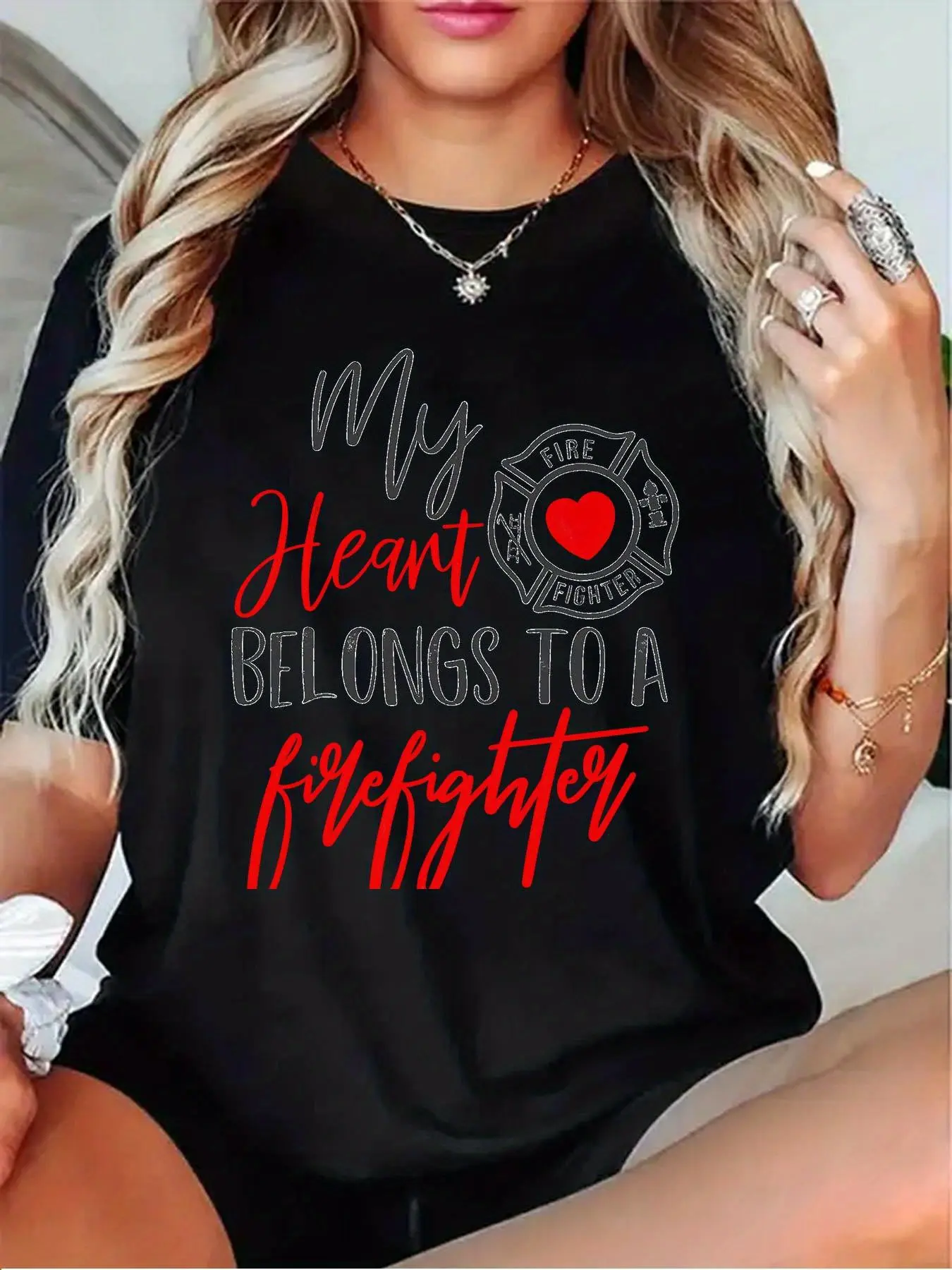 Women's "My Heart Belongs to a Firefighter" T-Shirt - Casual Short Sleeve Firefighter Shirt, Round Neck Solid Color (Black/Grey/White/Dark Red) Gift for Firefighter's Partner/Family - Casual Attire & Fire Events