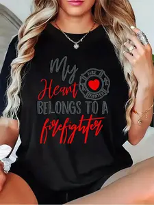 Women's "My Heart Belongs to a Firefighter" T-Shirt - Casual Short Sleeve Firefighter Shirt, Round Neck Solid Color (Black/Grey/White/Dark Red) Gift for Firefighter's Partner/Family - Casual Attire & Fire Events