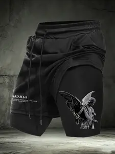 Men's "Isaiah 6:8 & Angel" Print 2-in-1 Gym Shorts, Quick Dry Compression Liner Workout Shorts, Faith Streetwear Training Bottoms #ChristianGymWear #AngelPrintShorts #2in1WorkoutShorts #FaithInspiredFitness #TikTokMadeMeBuyIt