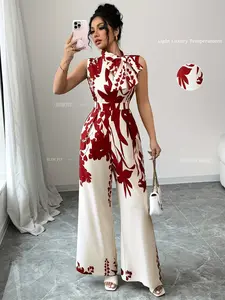 Ladies' printed jumpsuit with stand up bow details, sleeveless wide leg jumpsuit, cinched waist for slimming and height enhancement, new Chinese style printed design, suitable for spring, summer, autumn/dating/commuting/vacation style/light formal occasio