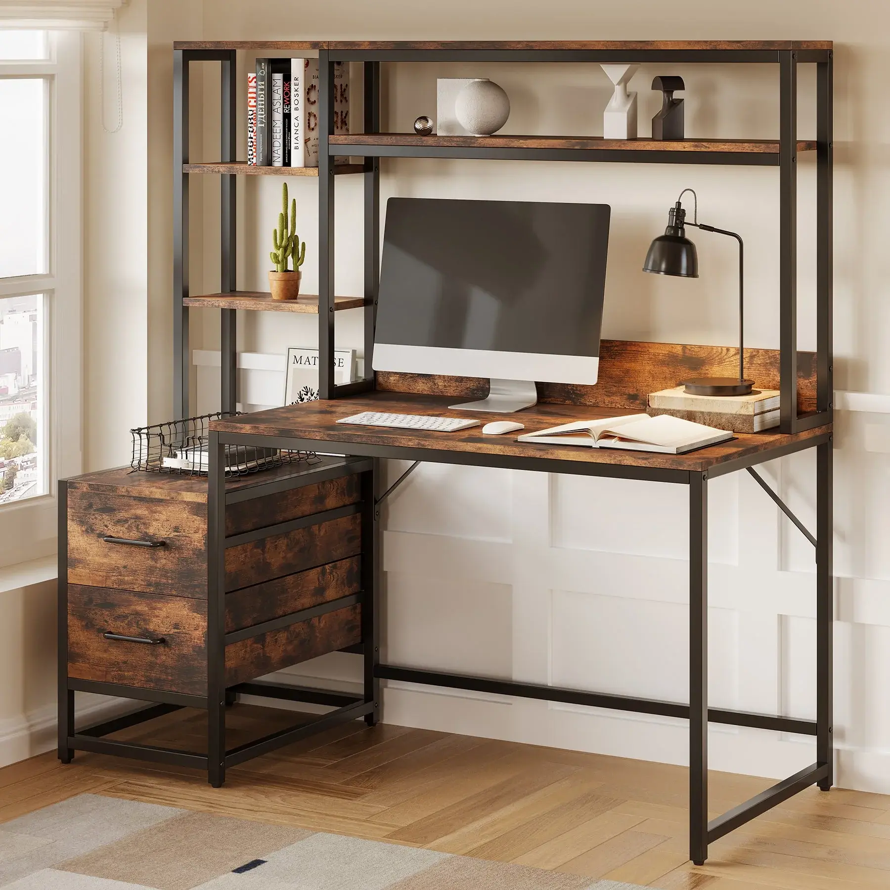 Spaco Rustic Sturdy Home Office Desk with Hutch, Industrial Bookshelf and 2 Storage Drawer Platform - Wood Workstation for Home Office, Bedroom, Home Office Desks