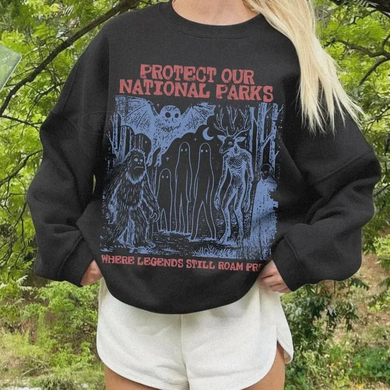 Cryptid National Park Sweatshirt 90s Protect Our Parks Vintage Camping Hiking Crewneck Retro Wanderlust Shirt Fantasy Creatures Sweater