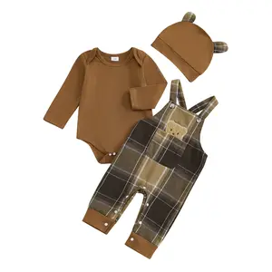 Newborn Baby Boys Outfits Long Sleeves Sweatshirt Romper Plaid Suspender Overalls Pants and Bear Hat Infant 3Pcs Clothing Set