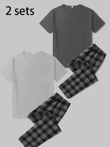 Men's Summer Casual Plaid Pajama Set, Round Neck Short Sleeve Pullover Shirt & Long Pants, Soft Comfortable Knit Polyester Loungewear