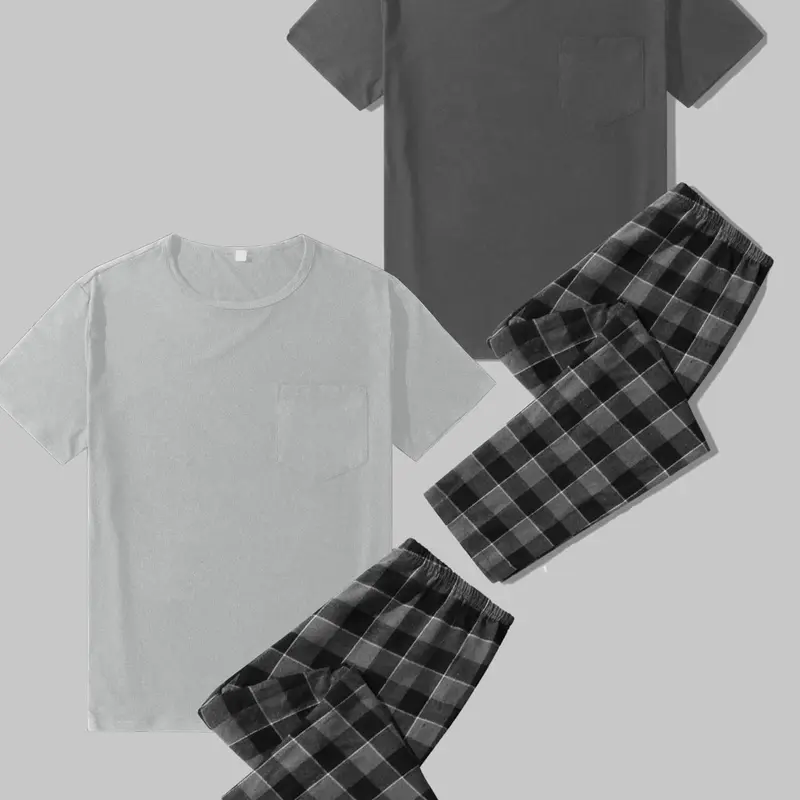 Men's Summer Casual Plaid Pajama Set, Home Pajamas, Round Neck Short Sleeve Pullover Shirt & Long Pants, Soft Comfortable Polyester Loungewear