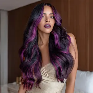 SMILCO/26Inch Highlight Purple with Black Long Curly Synthetic Wig/SM497